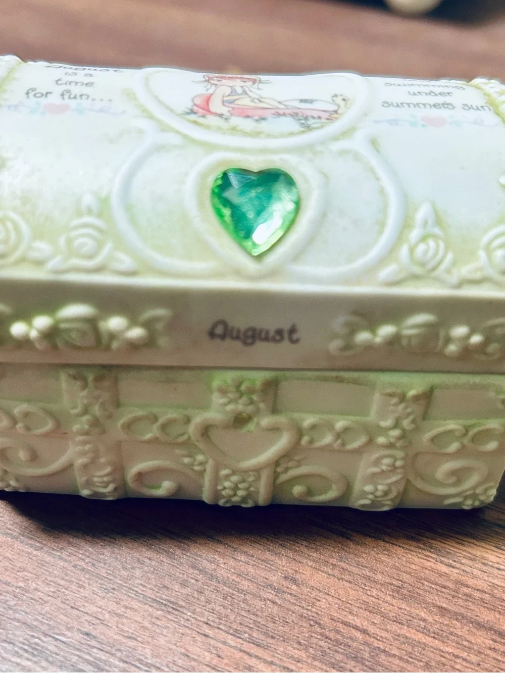 Precious Moments 1995 August Treasure Chest Trinket Box Enesco Peridot